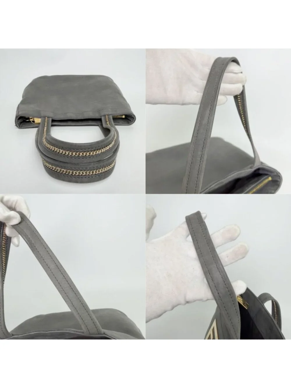 Fendi Nubuck FF Chain Tote Bag Leather Gray Gold Vintage